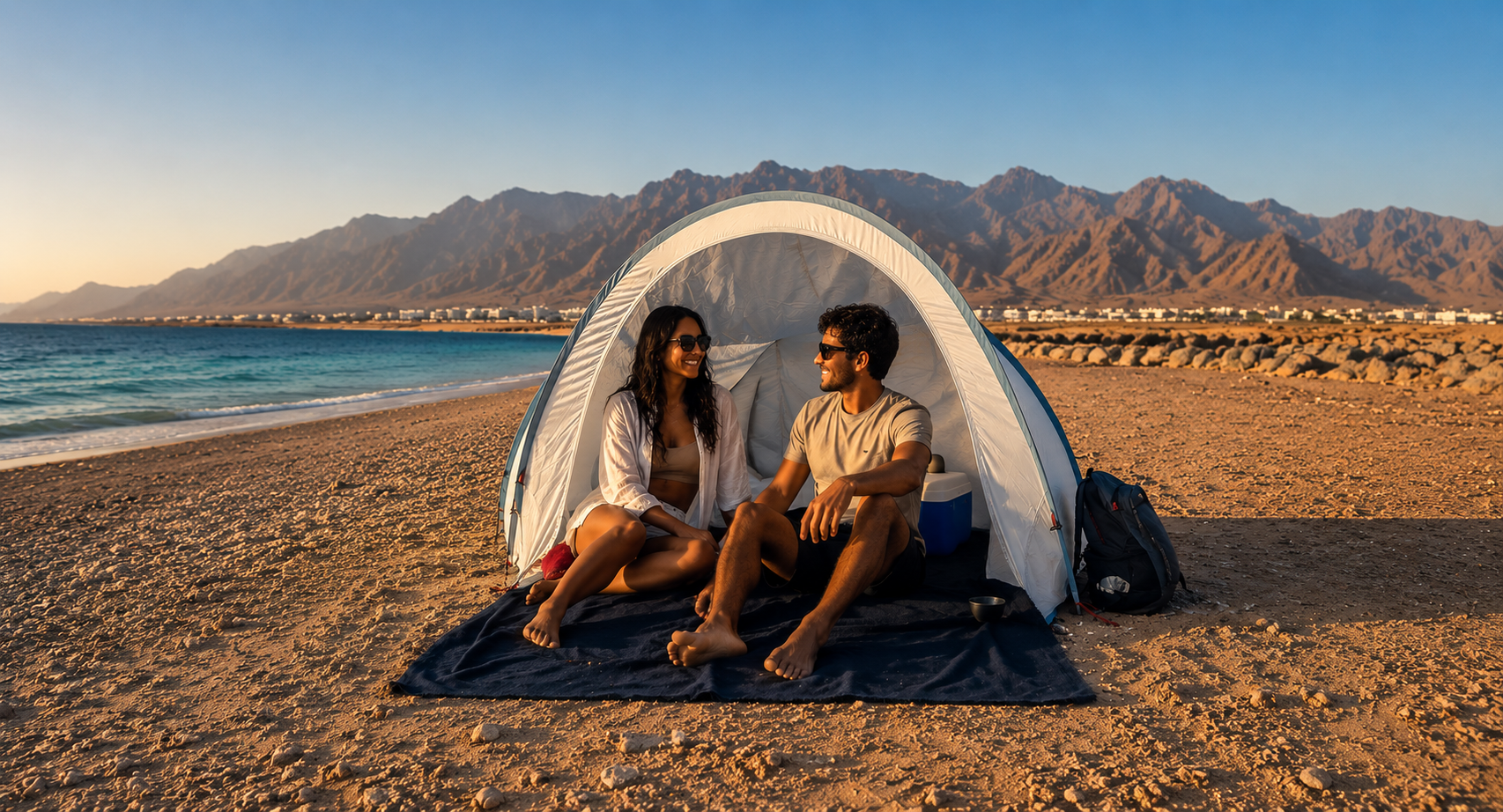 Friends enjoying a beach setup in Dahab
